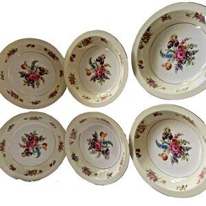 NORITAKE Queenanne 8" BOWLS c1933 Gold Trim Floral Rose 6 Japan Soup Cereal